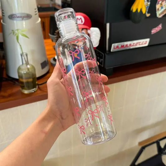 Kawaii Bow Plastic Water Bottle With Time Scale Transparent Water Cup For Outdoor Sports Drinking 500ML Juice Milk Water Bottle