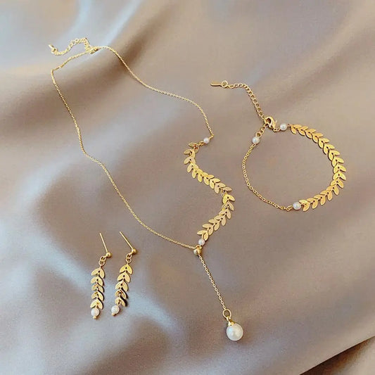 New Simple Wheat Ear Pearl Bracelet Necklace Earrings Jewelry Set for Women Temperament Lucky Gold Color Bracelet Charm Jewelry