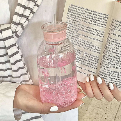 Cute Bowknot Plastic Cups With Straw Lid Portable Drinking Bottle Kawaii Water Bottle Aesthetic Tumbler For Ice Coffee Juice Tea