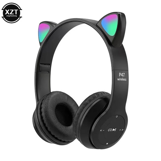 P47 Wireless Headphones Cute Cat Ears With Mic Control LED Kid Girl Stereo Music Helmet Phone Bluetooth Compatible Headset