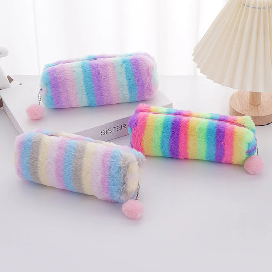 Rainbow Pencil Case Plush Estuches Escolares Pencilcase Gradient Color Large Capacity Kalemlik School Supplies Pencil Pouch