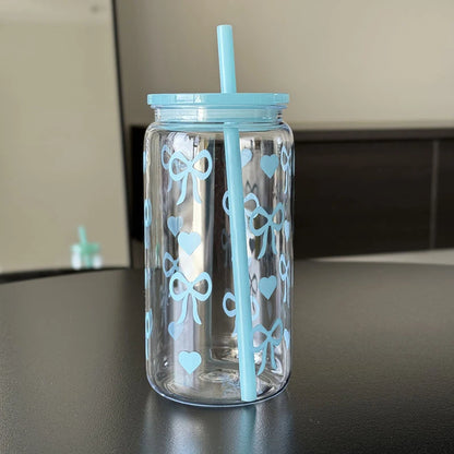 Kawaii Water Bottle Aesthetic Tumbler For Ice Coffee Juice Tea Cute Bowknot Plastic Cups With Straw Lid Portable Drinking Bottle