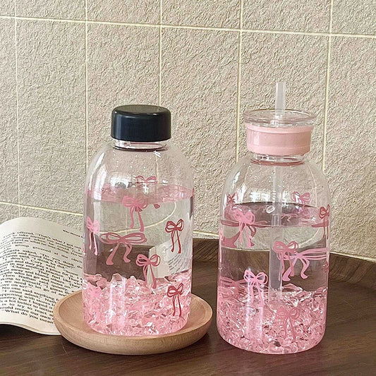 Cute Bowknot Plastic Cups With Straw Lid Portable Drinking Bottle Kawaii Water Bottle Aesthetic Tumbler For Ice Coffee Juice Tea