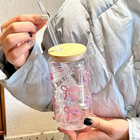 16oz Transparent Glass Tumbler Pink Bow Flower Sticker Drink Juice Cup Suitable For Hot And Cold Drinks In Summer D2V6